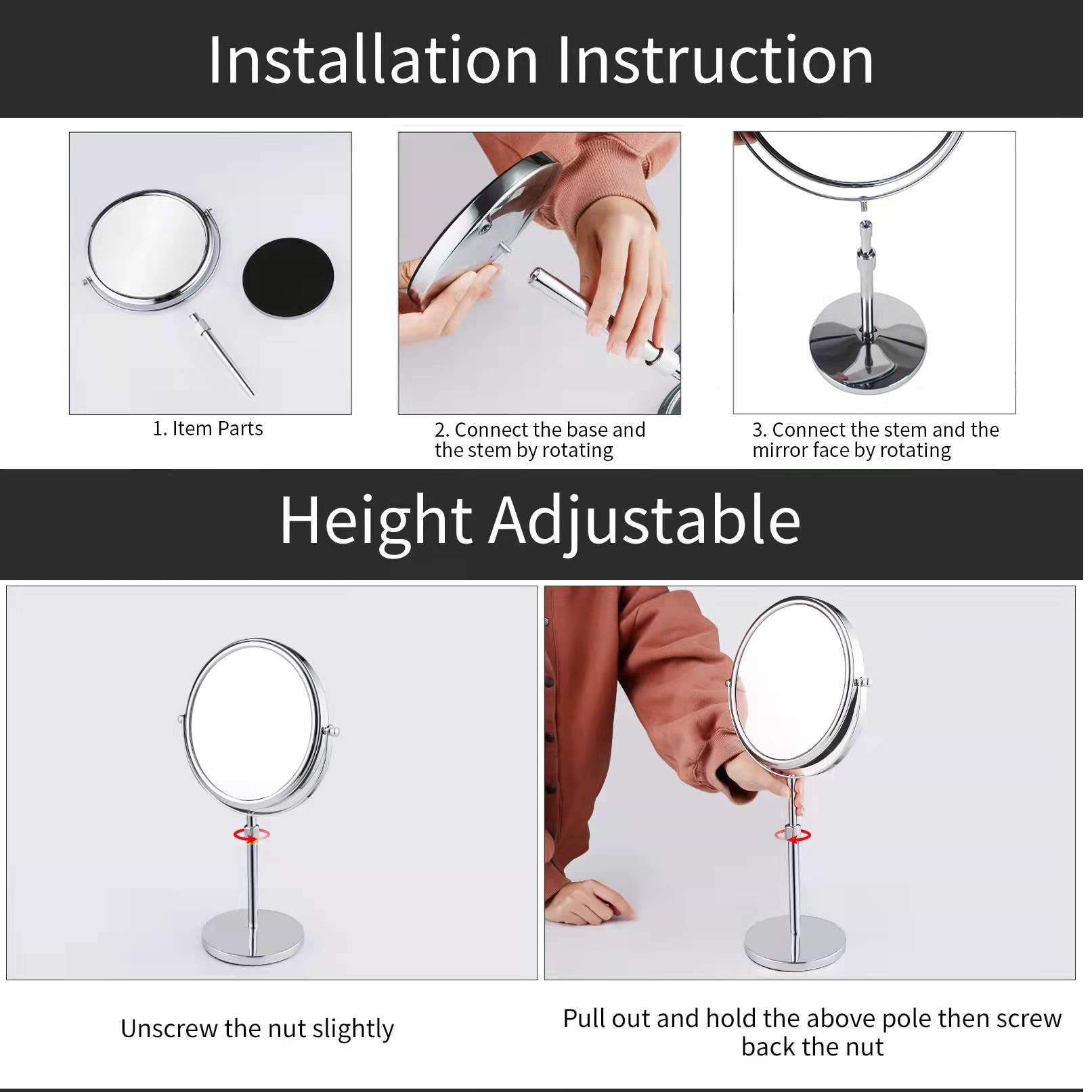 Nicesail 19 Inch Tall Makeup Mirror with 10X Magnification  Make up Mirror 8 Inch Double-Sided  Table Mirror with Pedestal for Shaving  Standing Mirror Height Adjustable Chrome Finish (8 Inch  10X)